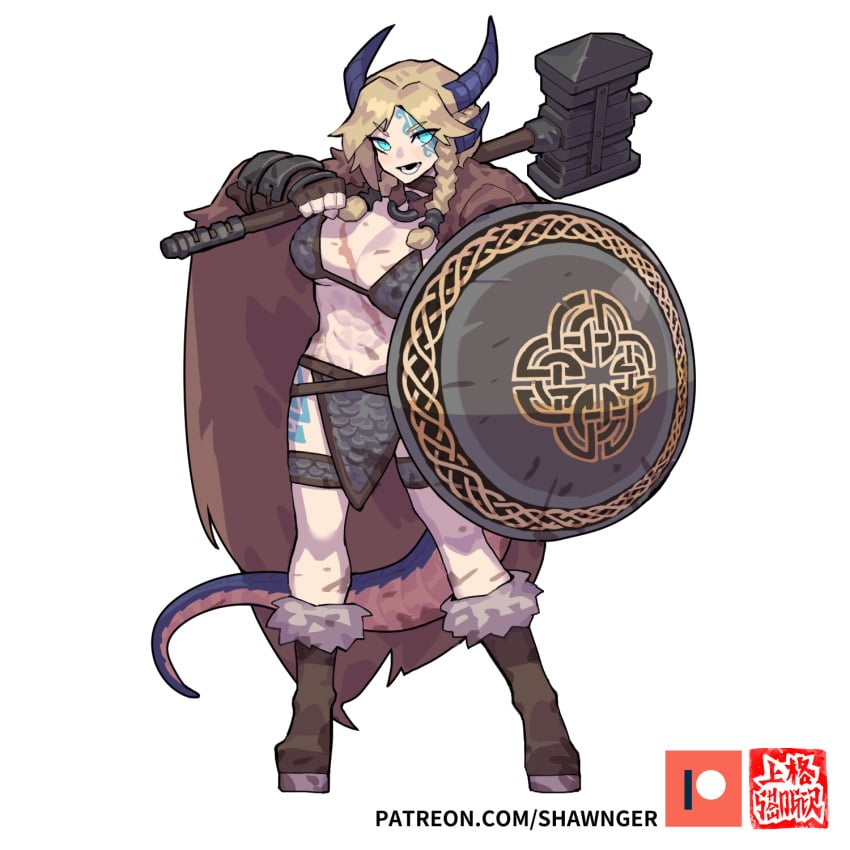 bikini_armor blonde_hair blue_eyes boots cape chainmail_bikini hammer horns loincloth monster_girl oc patreon_logo scar shawnger shield tail tattoo viking watermark