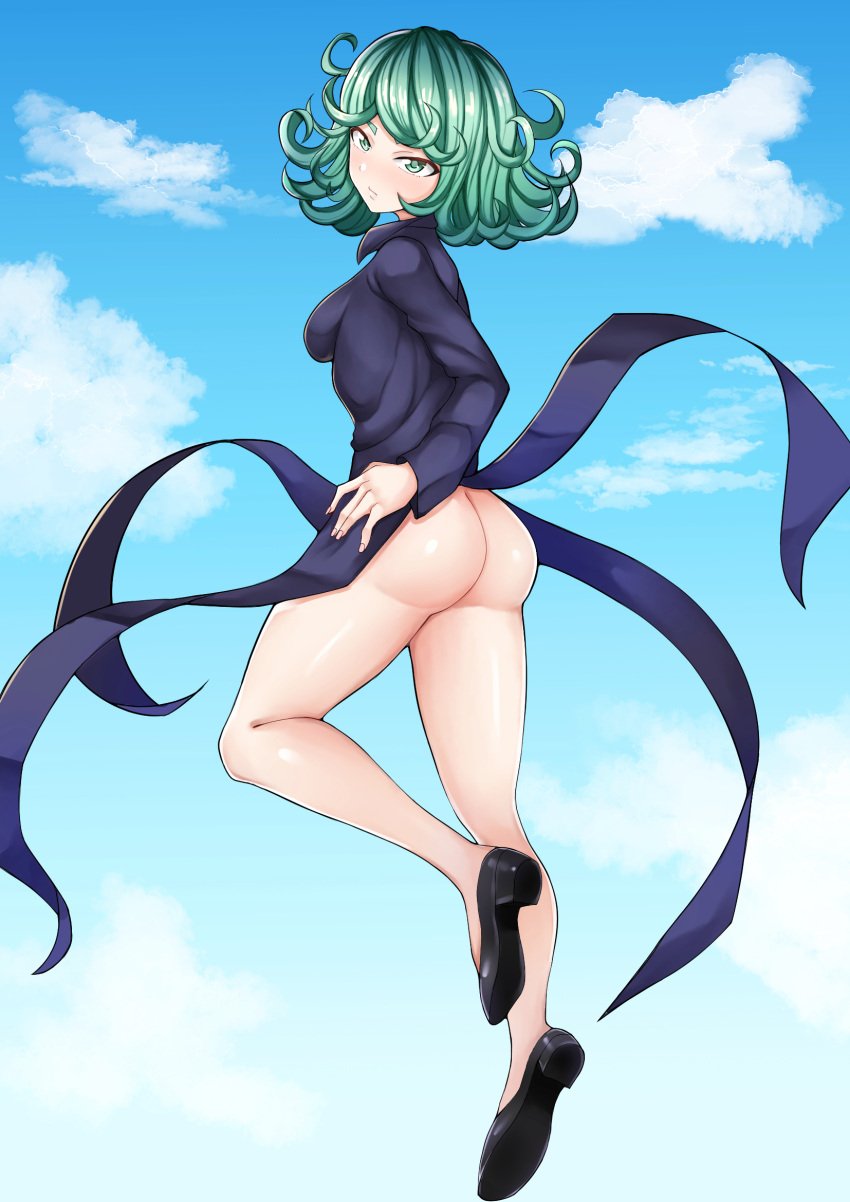 1girls ass blush bottomless breasts eye_contact female green_eyes green_hair looking_at_viewer one-punch_man renimilchstrase short_hair sideboob solo tatsumaki thick_thighs thighs