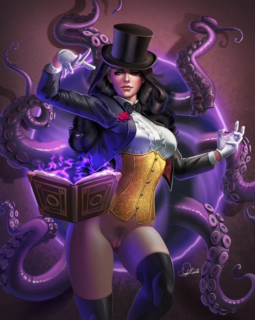 black_hair book bottomless bowtie casual clothing corset dc dc_comics douglas_bicalho female footwear half-dressed half_naked handwear headwear human magic magic_book magician magician_hat pale_skin portal pubic_hair pussy rose shirt suit summoning tentacle tentacle_summoning tentacles thighhighs zatanna zatanna_zatara