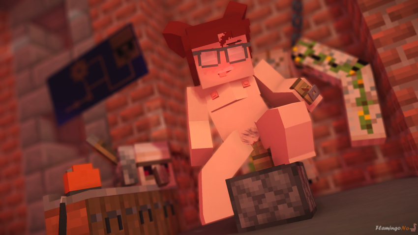 1girls 3d abigail_quinn_(flamingono) female female_only flamingono glasses improvised_dildo improvised_sex_toy iron_golem_(minecraft) light-skinned_female light_skin mine-imator minecraft naked nipples nude nude_female original_character pubic_hair tongue tongue_out vaginal_penetration