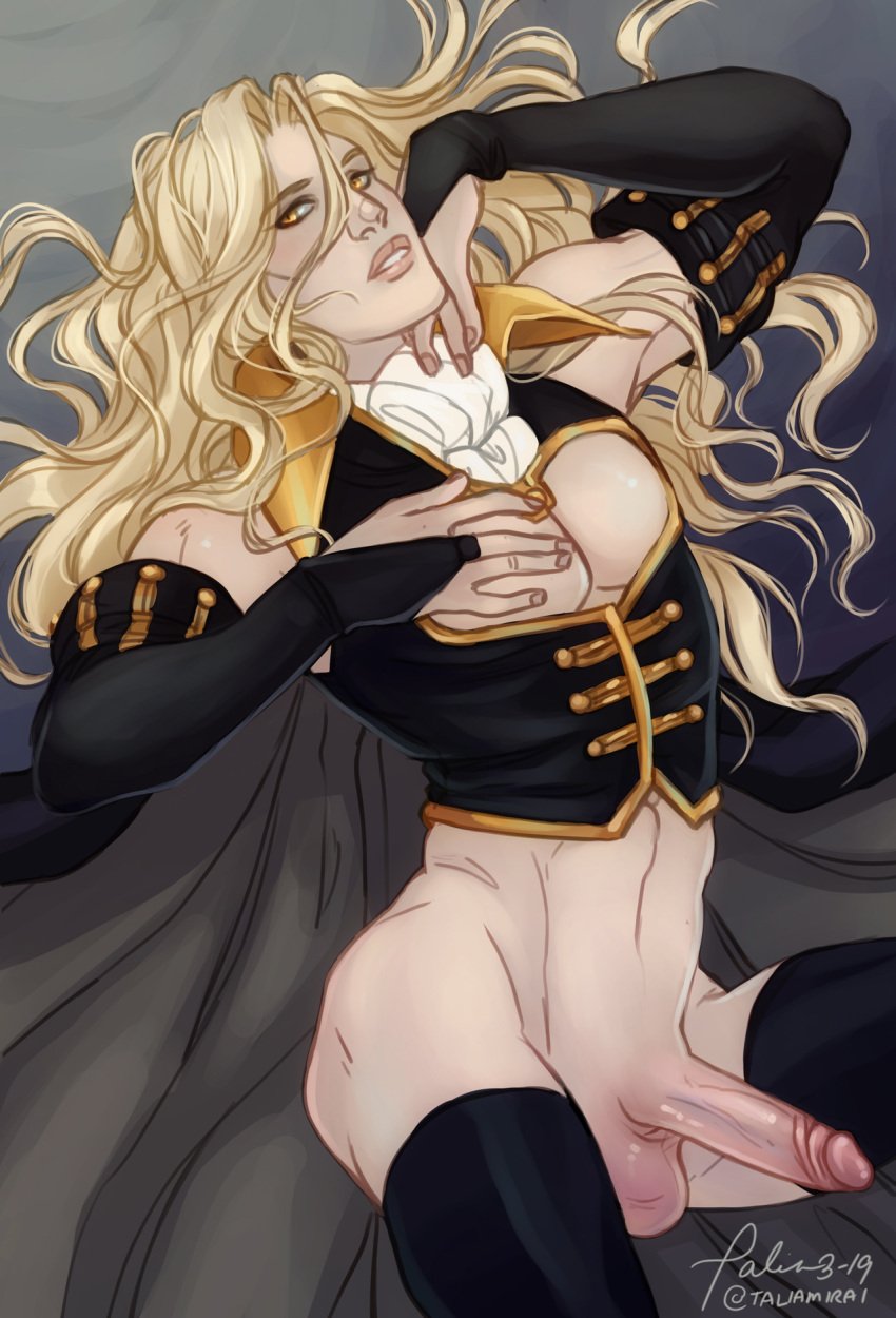 adonis_belt alucard_(castlevania) androgynous ascot balls bare_chest barely_visible_armpit belly_button bishonen blonde_hair bottomless bottomless_male castlevania castlevania_(netflix) cock dhampir dick erect_penis erection eyeliner femboy fingerless_gloves fingernails full_color goth goth_boy hand_on_chest large_penis lingerie long_hair long_hair_male male male_focus male_lingerie male_only muscular_male partially_clothed penis pinup pinup_pose portrait seductive_look shiny_skin solo solo_male stockings taliamirai testicles thighs trap twunk uncensored uncircumcised uncut vampire veiny_penis vest yellow_eyes