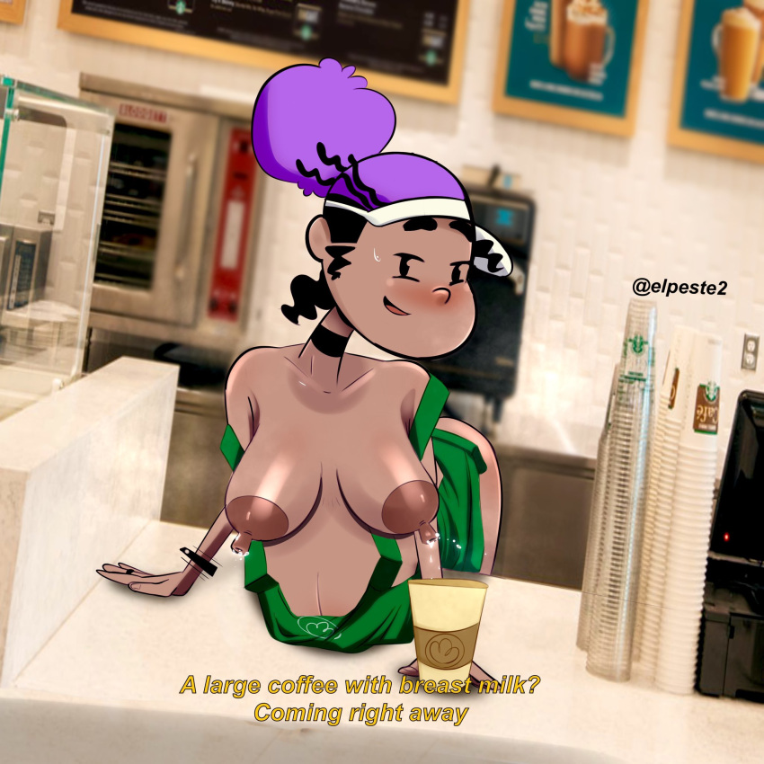 1girls african_female apron areolae bent_over big_belly big_breasts blush dark-skinned_female dark_nipples dark_skin elpeste female female_focus female_only hair_bun iced_latte_with_breast_milk jo_(kid_cosmic) kid_cosmic_(series) lactating lactation looking_at_viewer meme netflix pregnant purple_hair two_tone_hair young younger_female