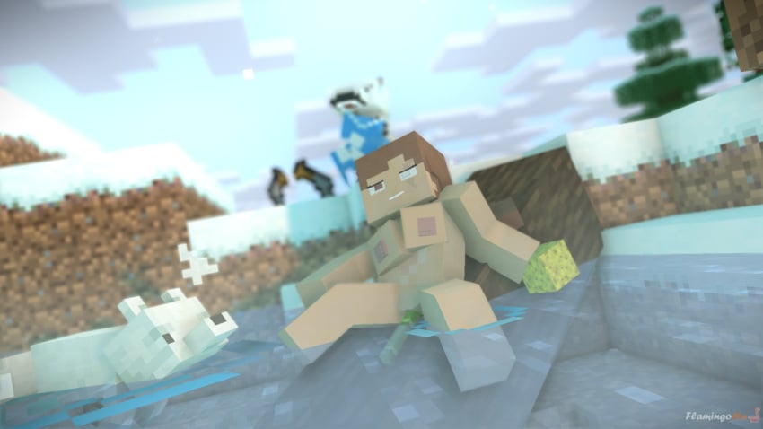 1girls 3d artic_fox breasts female female_focus flamingo fox improvised_sex_toy in_water mine-imator minecraft nude nude_female outdoors outside water