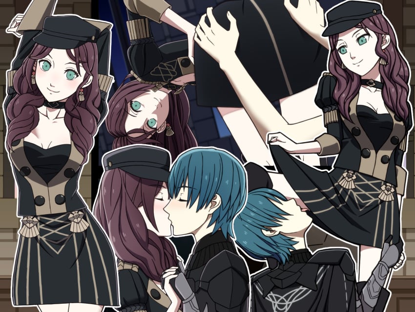 1boy 1girls arms_above_head ass ass_grab bare_legs bare_thighs bent_over blush boots breasts brown_hair byleth_(fire_emblem) byleth_(fire_emblem)_(male) choker cleavage closed_eyes dorothea_arnault earrings fire_emblem fire_emblem:_three_houses garreg_mach_monastery_uniform green_eyes groping hat hetero kissing licking licking_leg lifted_by_self long_hair looking_at_viewer looking_back medium_breasts nalu_(artist) night nintendo open_clothes pose presenting presenting_hindquarters skirt smile thigh_boots thighs worship