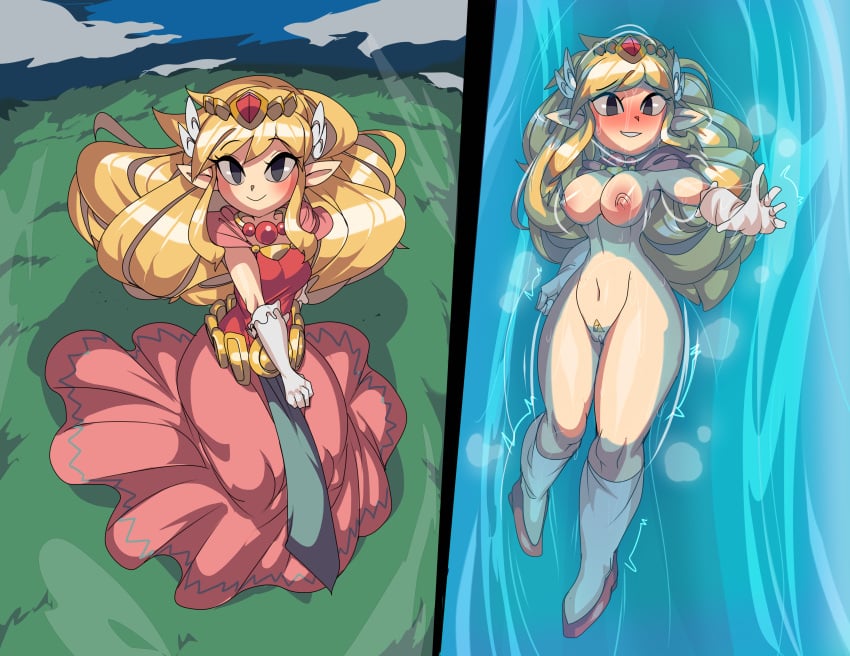 1girls absurd_res areolae blonde_hair blush breasts captain_kirb dress eye_contact female high_resolution long_hair looking_at_viewer nintendo nipples png pointy_ears princess_dress princess_zelda pussy the_legend_of_zelda thick_thighs toon_zelda wind_waker