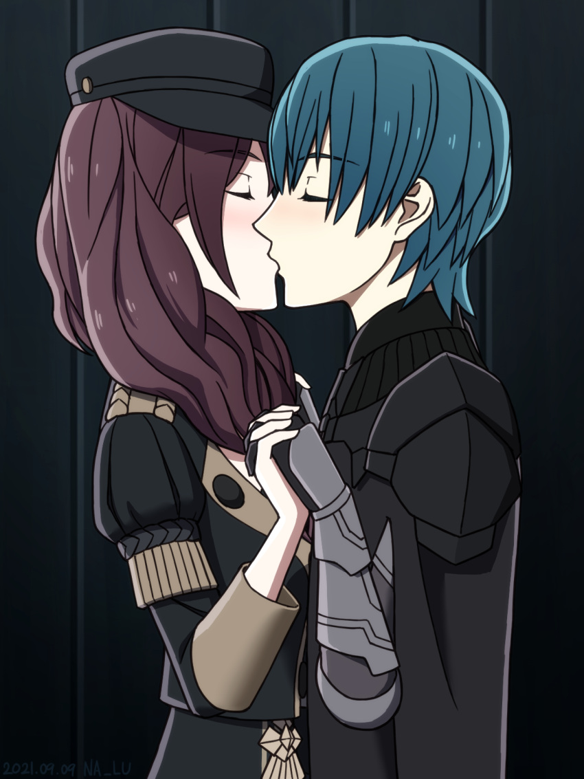 1boy 1girls blush brown_hair byleth_(fire_emblem) byleth_(fire_emblem)_(male) closed_eyes dorothea_arnault fire_emblem fire_emblem:_three_houses garreg_mach_monastery_uniform hat hetero kissing long_hair nalu_(artist) night nintendo