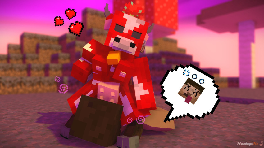 1boy 1girls 3d anthro anthrofied bovine breasts cubic_breasts facesitting female female_on_top flamingono heart horns human_on_anthro matilda_(flamingono) mine-imator minecraft mooshroom mooshroom_(minecraft) mushroom on_back outside steve_(minecraft) tail udders vagina