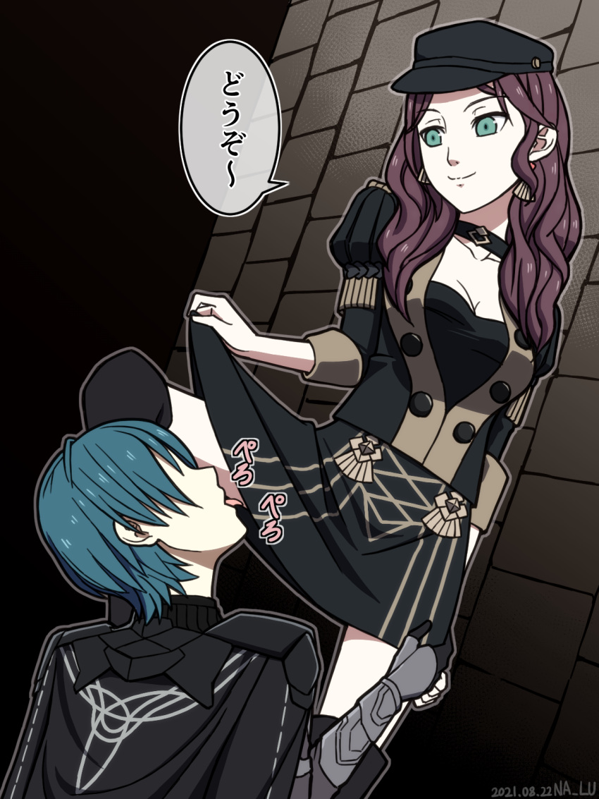 1boy 1girls bare_thighs boots breasts brown_hair byleth_(fire_emblem) byleth_(fire_emblem)_(male) choker cleavage dorothea_arnault earrings fire_emblem fire_emblem:_three_houses garreg_mach_monastery_uniform green_eyes hat licking licking_leg lifted_by_self long_hair medium_breasts nalu_(artist) nintendo skirt smile thigh_boots thighs worship