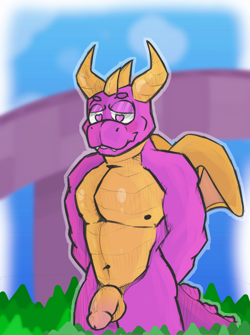 <3_eyes absurd_res activision anthro balls blue_sky blush bridge dannysorrow dragon genitals glistening glistening_body grass half-erect hands_behind_back heart hi_res horn looking_at_genitalia looking_at_penis looking_down looking_pleasured male male_only muscular muscular_anthro muscular_male navel nude penis plant purple_body purple_eyes purple_scales purple_skin scales simple_background sky small_wings smile solo spyro spyro_the_dragon standing tongue tongue_out video_games wings yellow_body yellow_horn yellow_scales yellow_skin