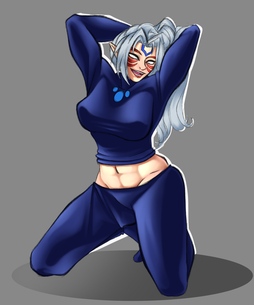 abs big_breasts bodysuit breasts fierce_deity_link genderswap_(mtf) grey_background muscular rule_63 silver_hair thighs tight_clothing white_eyes