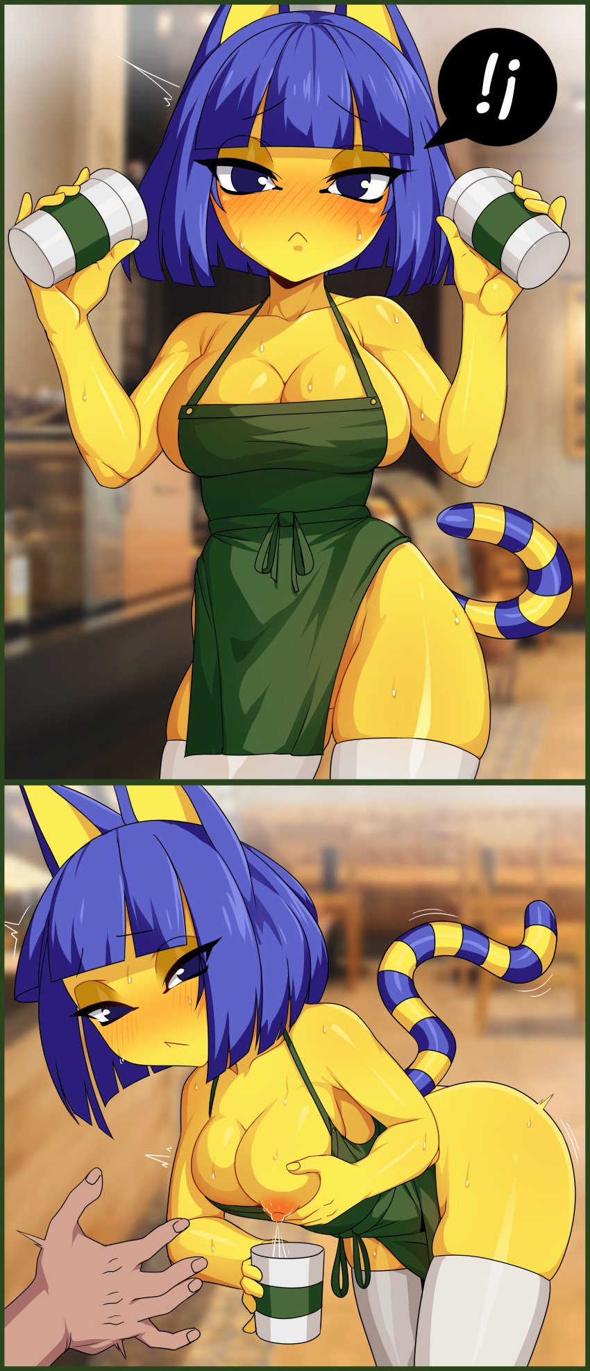 1boy 1girls animal_crossing ankha anthro apron areolae ariel_lopez arilopez550 big_breasts blue_eyes blue_hair breasts comic edit eye_contact female iced_latte_with_breast_milk lactation large_breasts looking_at_viewer meme nintendo nipples short_hair sweat tail thick_thighs thighhighs thighs yellow_body