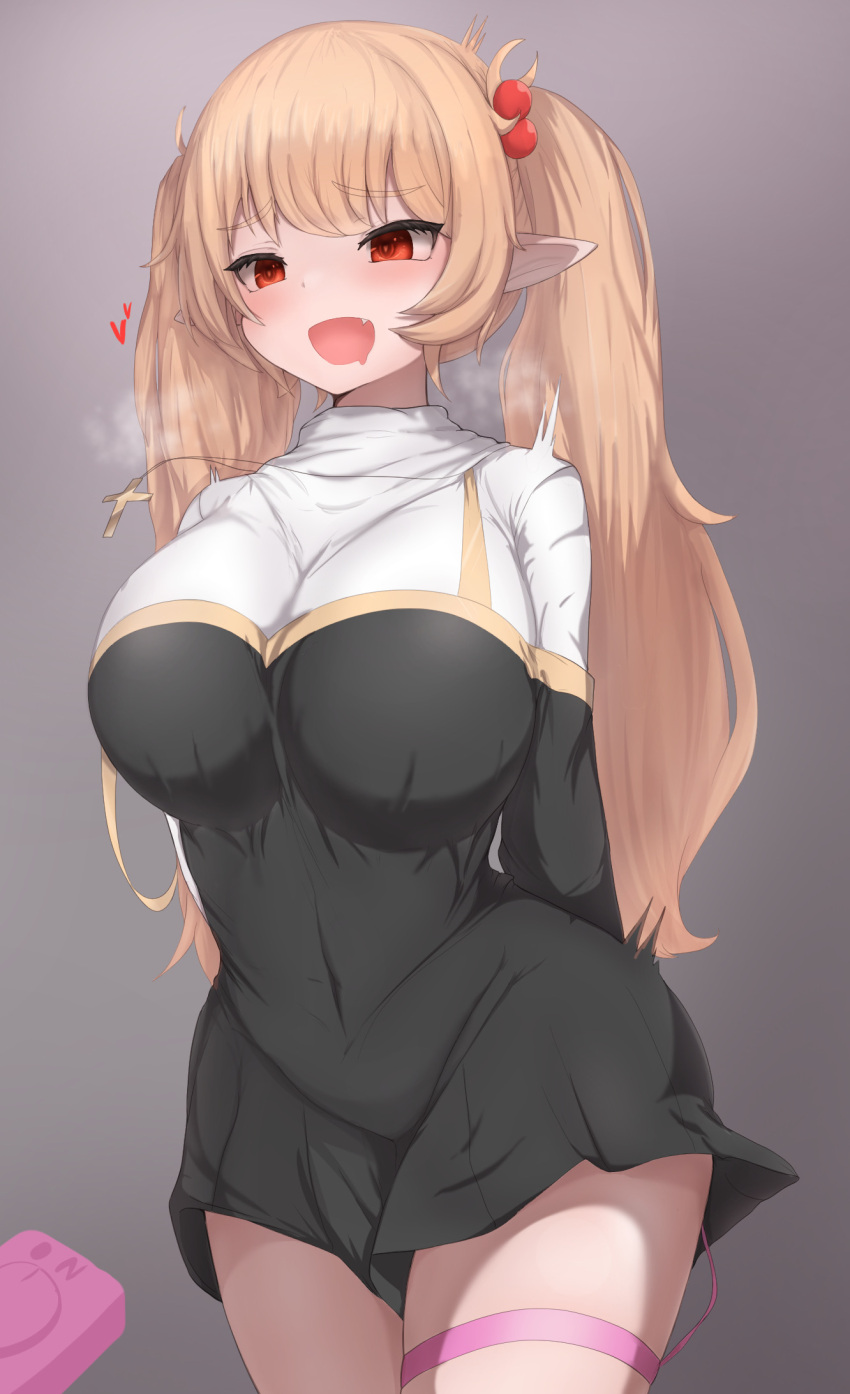 1girls big_breasts blonde_hair character_request clothing cross_necklace elf_ears fangs heart hearts huge_breasts original pointy_ears red_eyes skyhood source_request thighs