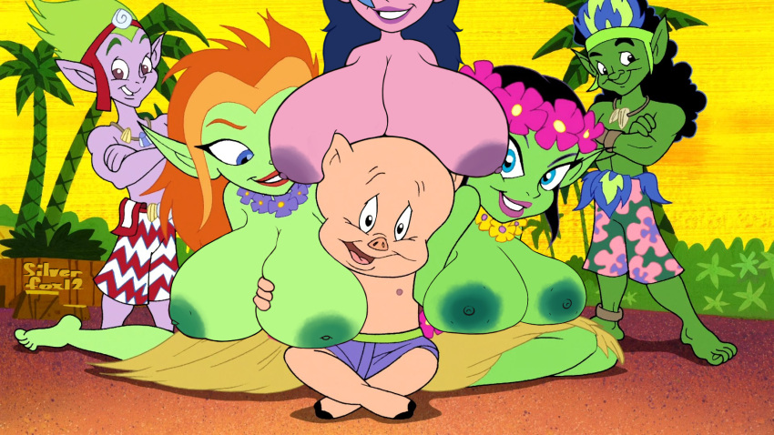 alien_girl blue_hair duck_dodgers green_skin groping groping_breasts pink_skin red_hair silverfox12 string_bikini third-party_edit tight_fit topless