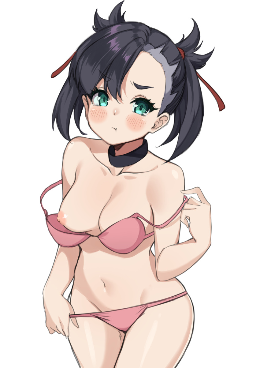 1girls black_hair blush choker embarrassed female green_eyes looking_at_viewer marnie_(pokemon) medium_breasts nintendo nipples one_breast_out pink_bikini pokemon pokemon_ss puffy_face solo undressing