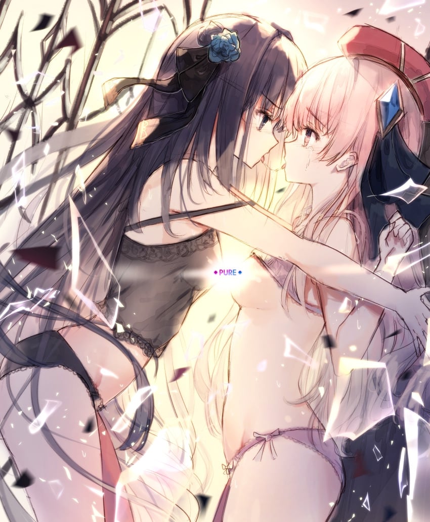 2girls arcaea ass black_hair blonde_hair blush breasts censored censored_breasts censored_nipples english_text hikari_(arcaea) lesbian midriff navel nipple_censor panties partially_clothed pinned_to_wall saliva saliva_string saliva_trail tairitsu_(arcaea) tandohark thick_ass thighs tongue tongue_out yuri