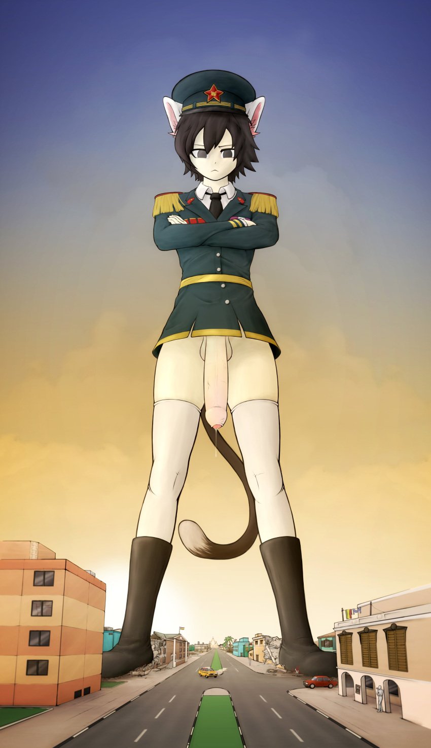 1boy anothercrazysfmstuff balls black_hair cat_ears cat_tail catboy city crossed_arms destruction femboy flaccid giant giant_femboy giant_male light_skin macro male male_only military_uniform penis precum precum_drip solo solo_male testicles thighhighs uncut