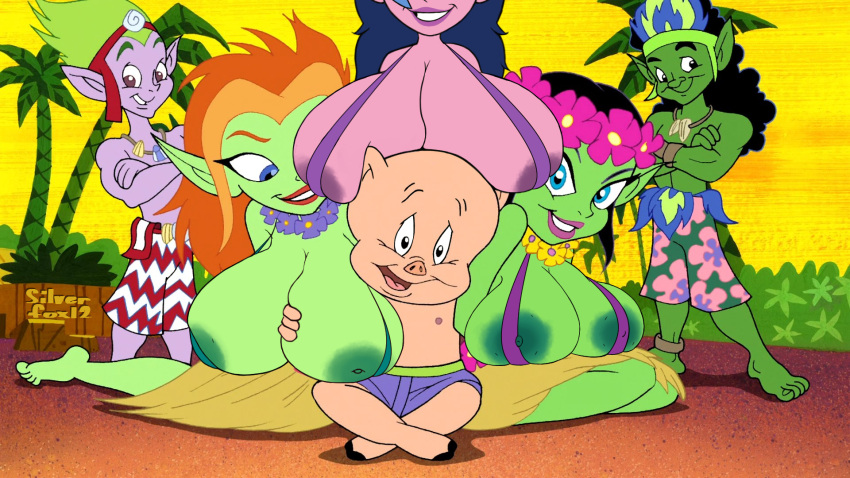 alien_girl areola_slip blue_hair duck_dodgers green_skin grope groping_breasts nipple_slip pink_skin red_hair silverfox12 string_bikini third-party_edit tight_fit