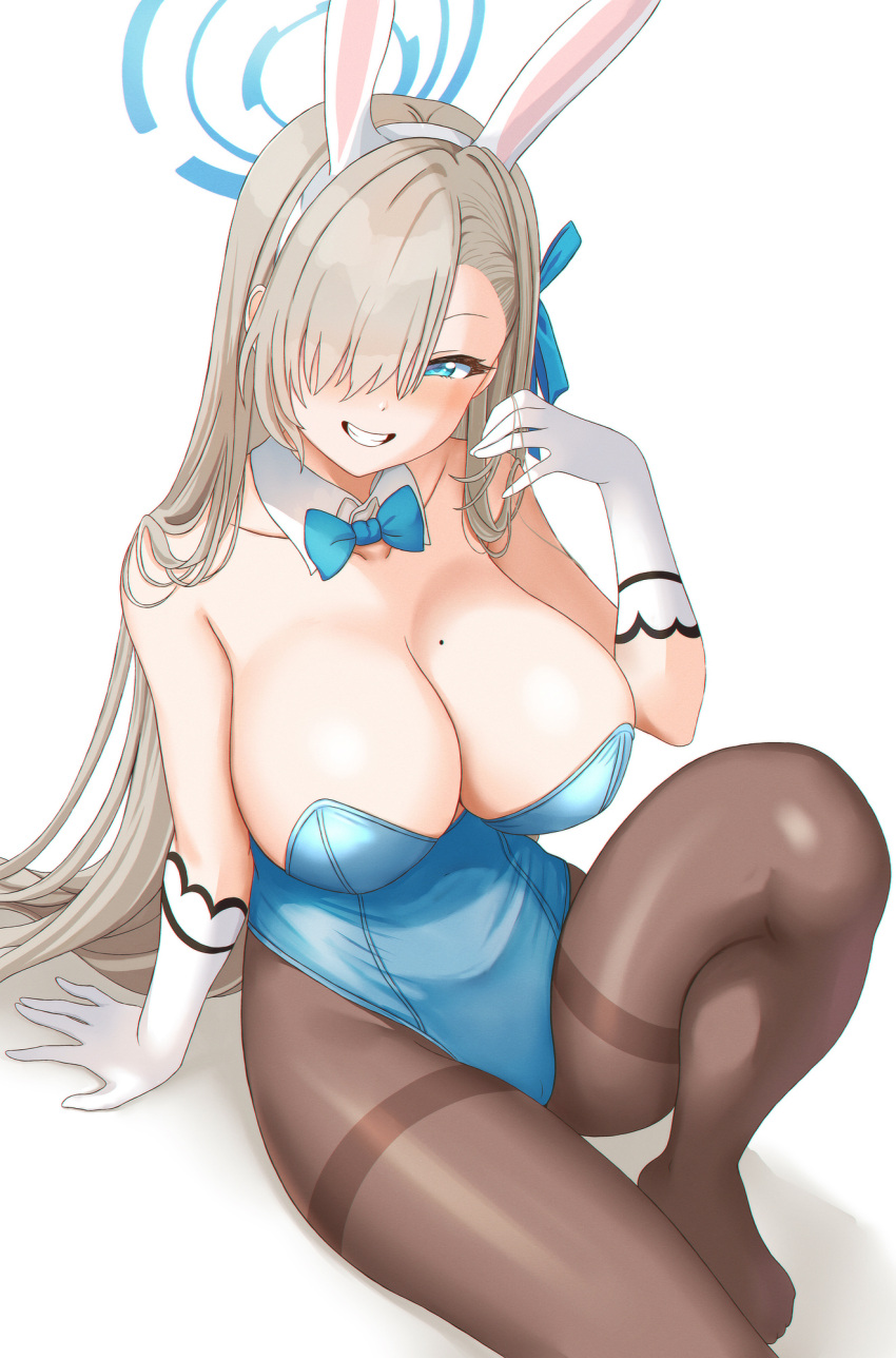 1girls animal_ears asuna_(blue_archive) asuna_(bunny)_(blue_archive) bangs bare_shoulders blue_archive blue_eyes blue_leotard blush bow bowtie breasts brown_legwear cleavage detached_collar elbow_gloves extra_ears fake_animal_ears female female_focus female_only gatchapowa gloves grin hair_over_one_eye halo highleg highleg_leotard highres large_breasts leotard light_brown_hair long_hair looking_at_viewer millennium_science_school_student mole mole_on_breast pantyhose playboy_bunny rabbit_ears smile solo solo_female solo_focus strapless strapless_leotard white_gloves