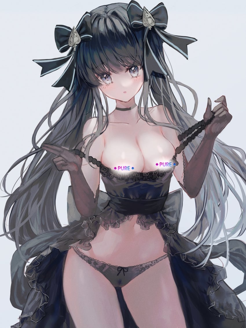 1girls arcaea big_breasts black_bra black_hair black_panties blue_eyes blue_hair_bow blue_hair_ornament blush bra breasts censored_nipples clothing english_text female lace lingerie long_hair matching_underwear midriff navel open_mouth panties tairitsu_(arcaea) tandohark thick_thighs thighs twintails wide_hips