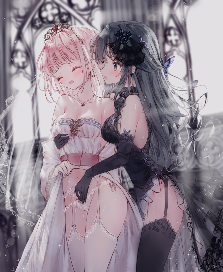 2girls arcaea ass black_hair blue_eyes blush breasts choker closed_eyes fingering fingering_pussy hikari_(arcaea) in_public lingerie moaning multiple_girls pink_hair tairitsu_(arcaea) tandohark thick_ass thick_thighs thighhighs thighs voyeur wedding_dress wedding_lingerie yuri