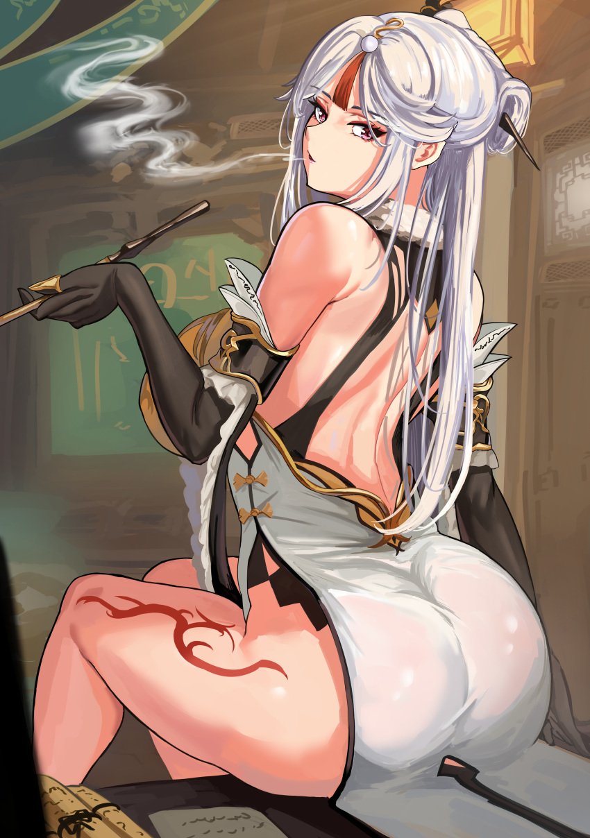 1girls 2021 ass ass_focus ass_shot back back_view backless_outfit body_markings breasts clothed clothed_female female female_focus female_only genshin_impact hair_stick hi_res huge_ass indoors kiseru large_breasts leg_tattoo long_hair looking_at_viewer looking_back looking_over_shoulder loooyd ningguang_(genshin_impact) pipe purple_eyes side_slit sideboob smoking smoking_pipe thick_thighs thighs very_high_resolution white_hair