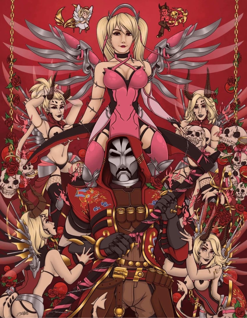 1boy 5girls angel ass barbed_wire big_breasts big_penis black_lipstick blonde_hair breasts bulge butt_crack demon demon_girl demon_horns devil devil_horns devil_mercy devil_tail dirtyonions fishnets flower gibbiiginnii grim_reaper harem imp imp_mercy mask masked masked_male mercy overwatch overwatch_2 pasties pink_mercy reaper red_eyes scythe straps