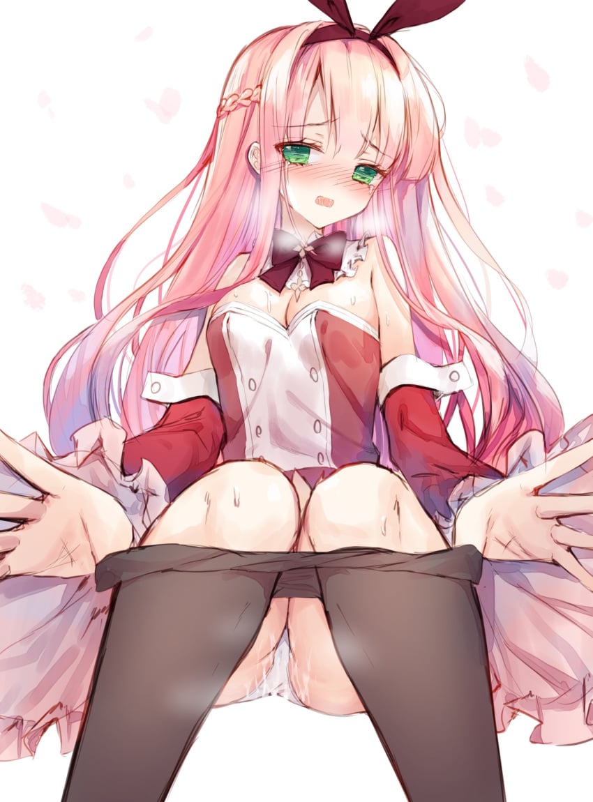 arcaea big_breasts black_stockings blush bow breasts breasts_through_clothes green_eyes kou_(arcaea) panties pink_hair tandohark thick_thighs thighs tight_clothing wet_pussy