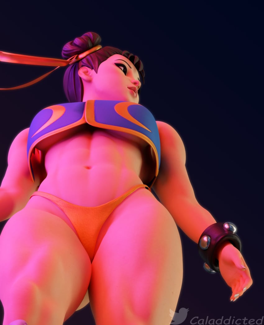 1girls 3d abs black_background blue_topwear bottom_view bracelet breasts brown_eyes brown_hair caladdicted capcom chun-li chun-li_(fortnite) female female_only fortnite fortnite:_battle_royale human light-skinned_female light_skin looking_to_the_side muscular_female pale-skinned_female pale_skin panties solo solo_female space_buns straight street_fighter thick_thighs thighs thong topwear underboob white_nails yellow_panties