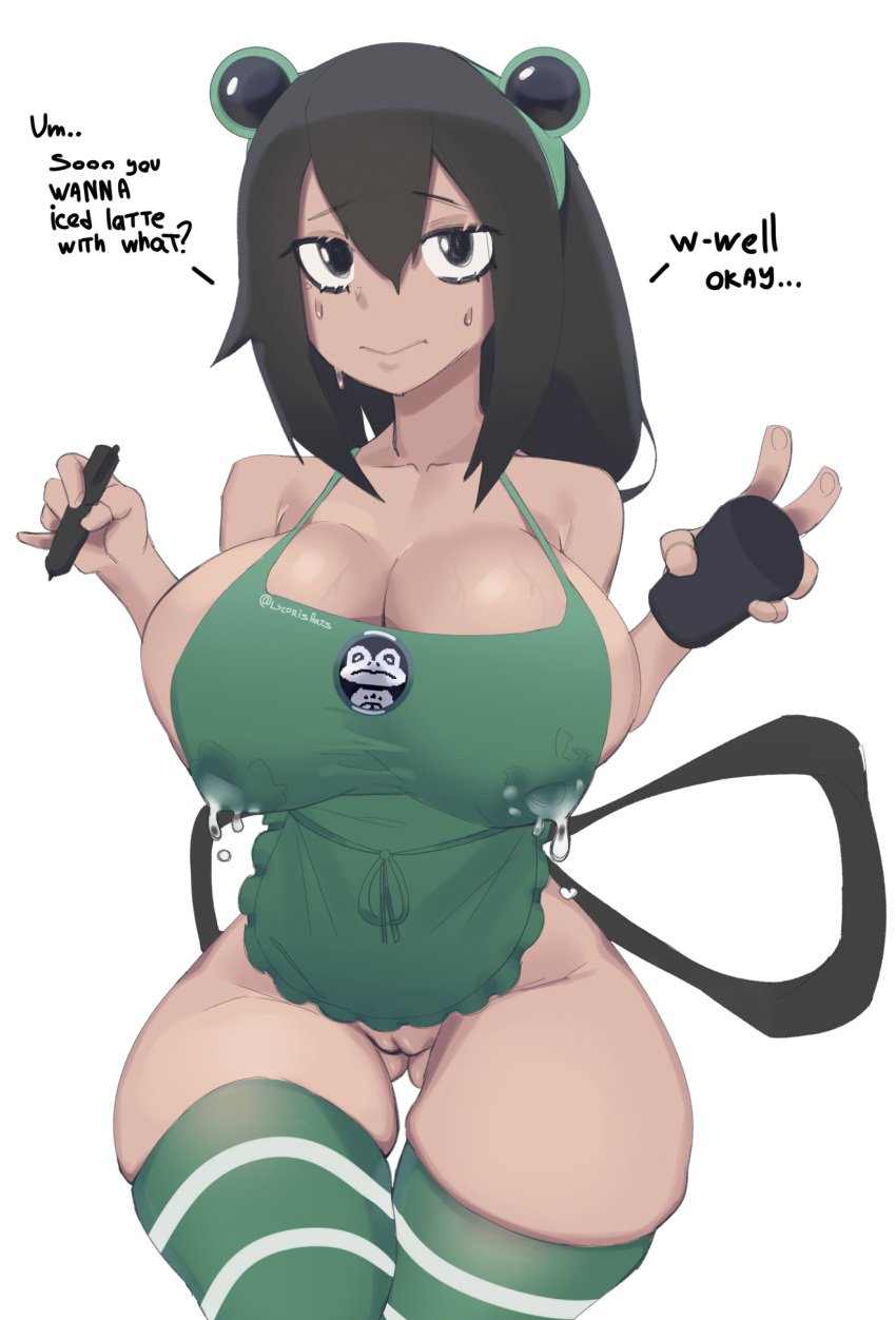 1girls apron big_breasts black_hair breasts eye_contact female froggit huge_breasts iced_latte_with_breast_milk lactation lactation_through_clothes large_breasts long_hair looking_at_viewer lycoris_(artist) meme my_hero_academia pussy solo stockings text thick_thighs thighs tsuyu_asui undertale wide_hips