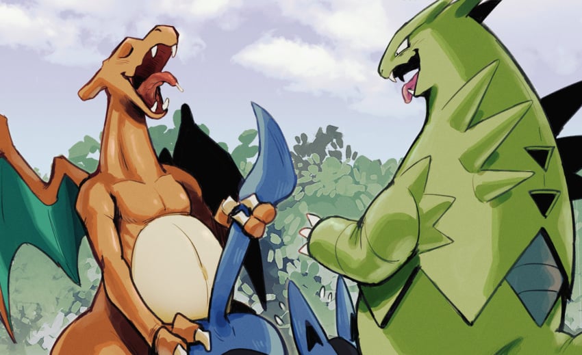 ambiguous_gender canid canine charizard detailed_background group group_sex hi_res k0bit0wani looking_pleasured lucario mammal nintendo pokemon pokemon_(species) reptile scalie sex teeth tongue tongue_out tyranitar video_games wi