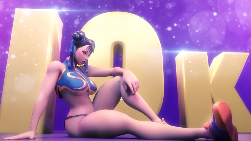 1girls 3d ass blue_topwear brown_eyes capcom chun-li double_bun female female_only footwear ghastlyarts human light-skinned_female lipstick milestone_celebration pale-skinned_female pale_skin shoes sitting solo solo_female space_buns straight street_fighter thick_thighs thighs thong topwear underboob