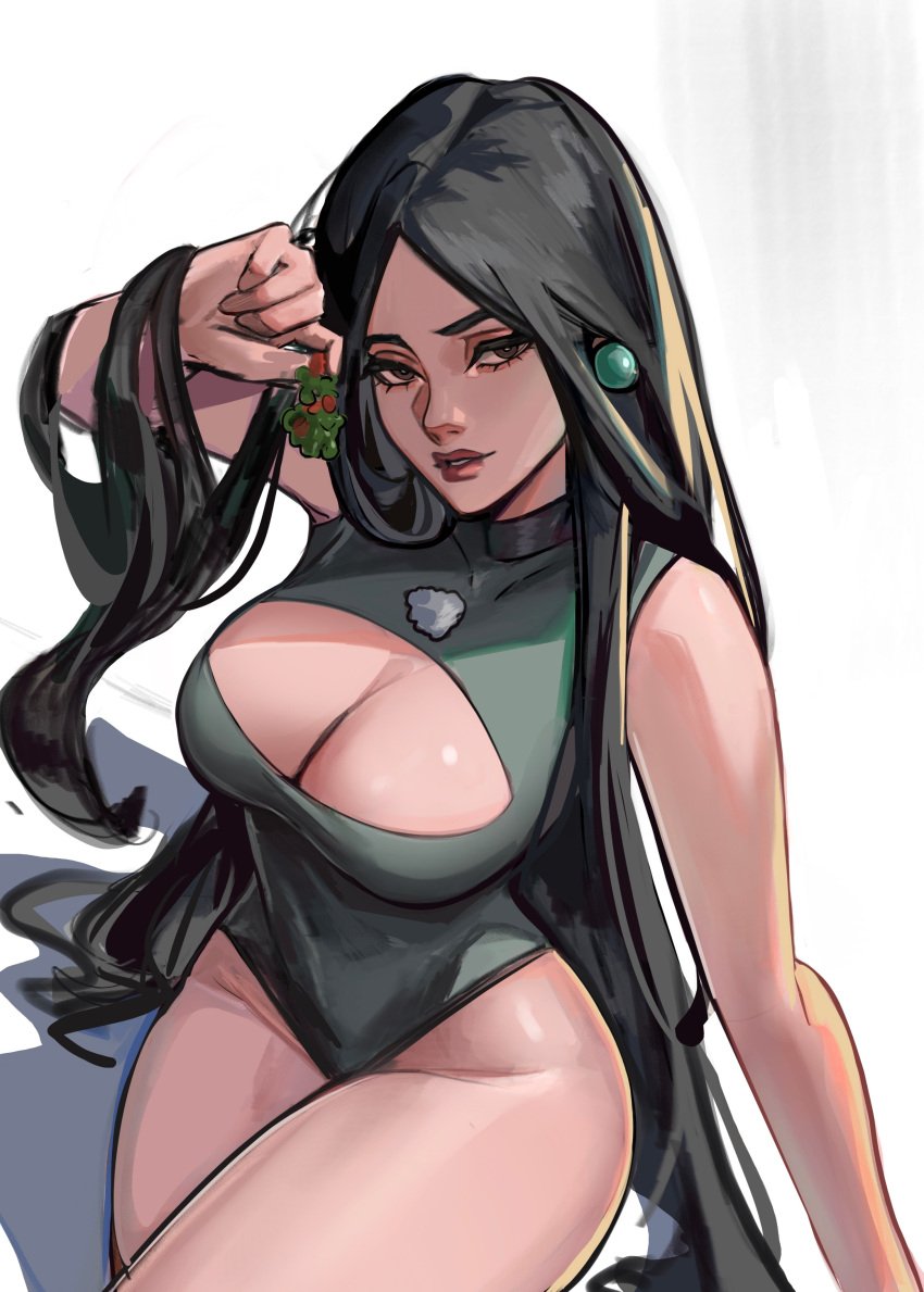 1girls black_hair boob_window breasts cleavage_cutout clothed cute female female_only green_clothing holly_(plant) human ling_ying_wei long_hair no_visible_genitalia sage_(valorant) solo valorant vile_jp