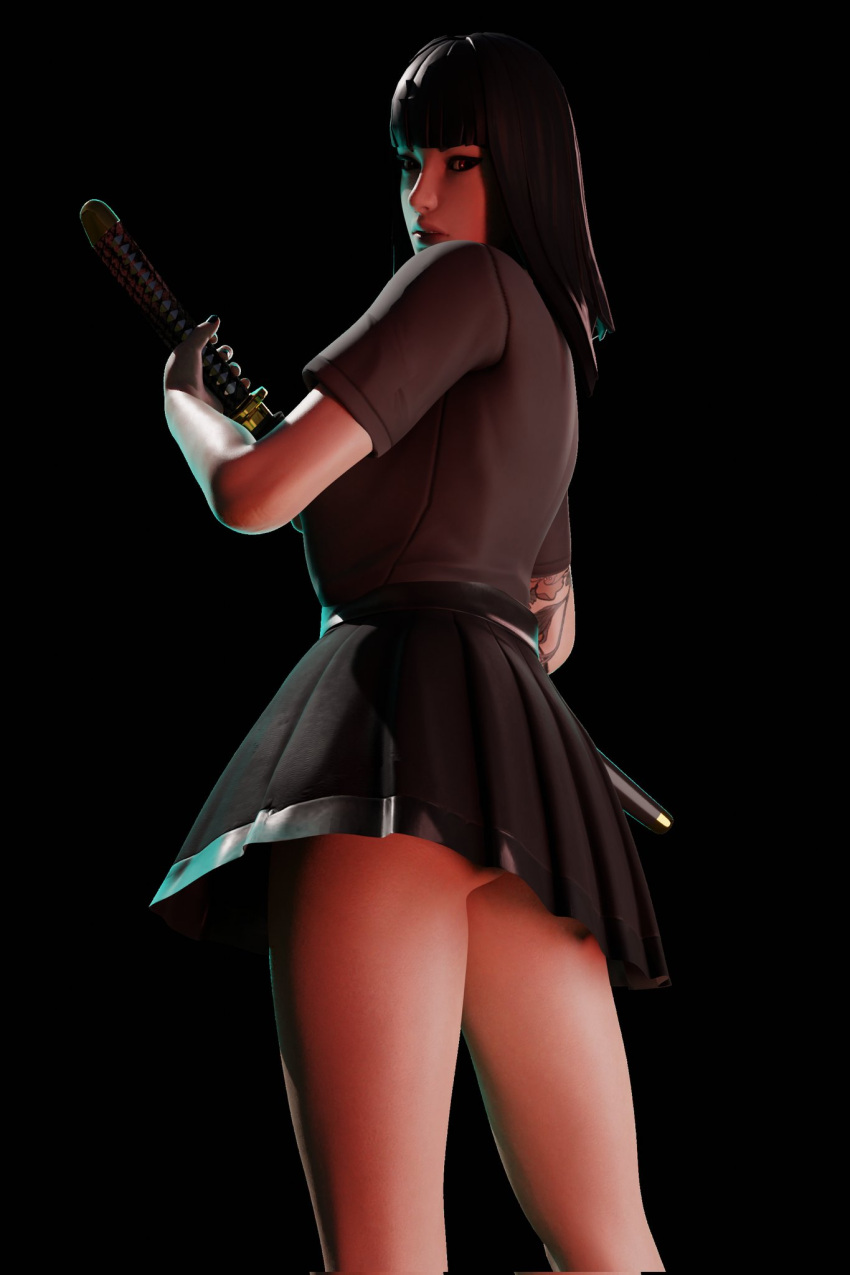 1girls 3d ass black_background black_hair black_skirt black_topwear butt charlotte_(fortnite) clothed eyelashes eyeshadow female female_only fortnite fortnite:_battle_royale girly human katana light-skinned_female light_skin looking_at_viewer red_eyes saitoshinsfw short_hair skirt solo solo_female standing straight tattoo topwear under_skirt