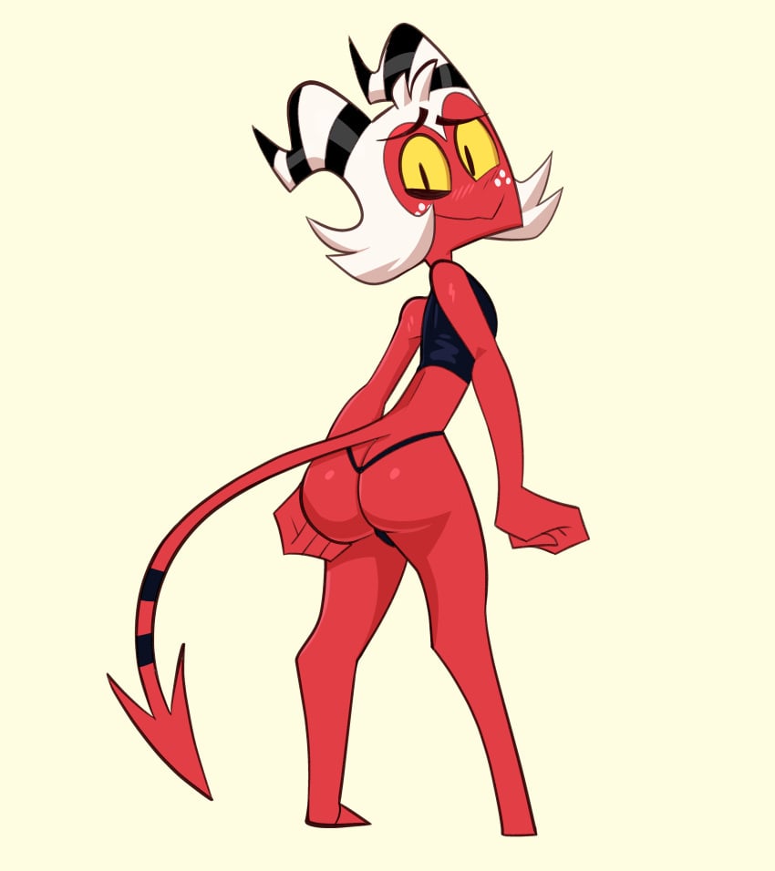 absurd_res ass clothing crop_top demon feet femboy freckles_on_face helluva_boss hi_res horns humanoid imp male male_only monamania moxxie_(helluva_boss) nervous_smile red_body red_skin solo tail thong underwear white_hair yellow_eyes