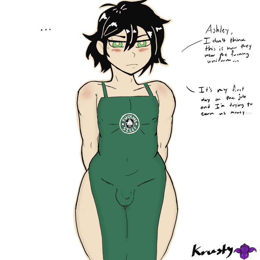 1boy andrew_graves apron_only black_hair blush bulge femboy fuck_me_(text) gay green_eyes light-skinned_male male_only naked_apron nervous nihilist penis presenting starbucks sweat the_coffin_of_andy_and_leyley twink yaoi