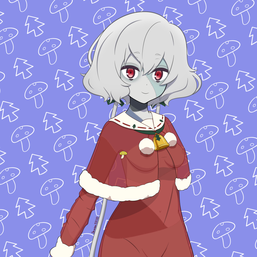 anime anime_style floofy_hair konno_junko looking_at_viewer medium_breasts nude nude_female patchwork_skin red_eyes santa_costume smile smiling smiling_at_viewer stitches transparent_clothing visible_nipples white white_hair zombie_girl zombie_land_saga