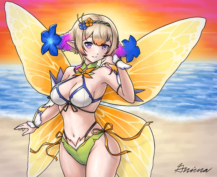 1girls alternate_costume beach bikini breasts cleavage commission drill_hair fairy_wings female female_only fire_emblem fire_emblem_heroes flower flower_ornament grimaisbestwaifu hair_flower hair_ornament highres looking_at_viewer medium_breasts navel nintendo ocean outdoors peony_(cherished_dream)_(fire_emblem) peony_(fire_emblem) pointy_ears purple_eyes ribbon-trimmed_bikini short_bangs smile solo swimsuit twin_drills white_bikini white_swimsuit wings