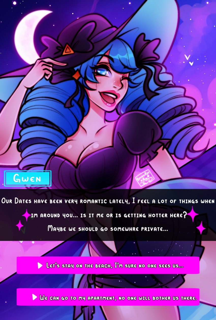 beach big_breasts blue_hair choose_your_own_adventure dialogue dialogue_box dialogue_options gwen_(league_of_legends) league_of_legends looking_at_viewer outdoors poposhirat self_upload speaking_to_viewer swimsuit text visual_novel