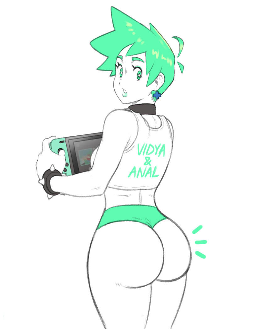 ass back_view big_ass big_butt buttholemagick dat_ass electronics female game_console game_controller gamer_girl green_hair handheld_game_console human mint_(skarp_world) neckwear nintendo_switch pale_skin skarp_world wristwear