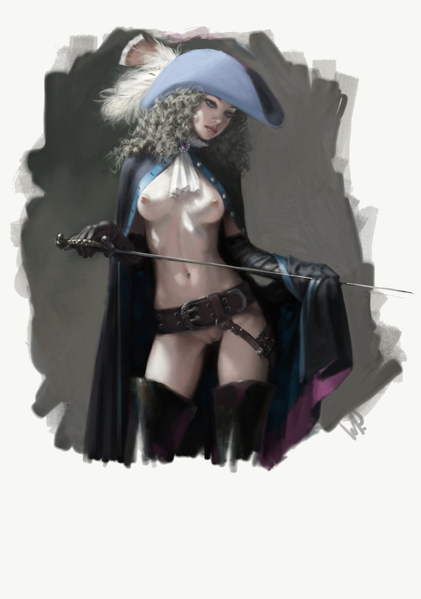 1girls belt cape hat medium_breasts musketeer nude pale_skin pussy solo standing sword whiskypaint