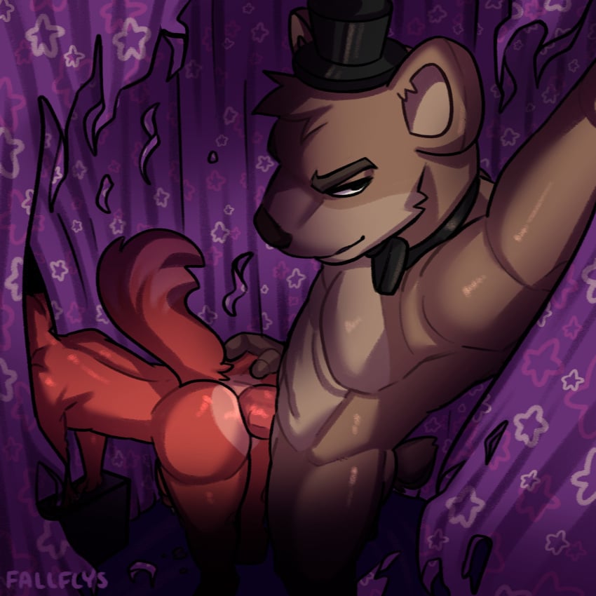 2023 absurd_res anal anal_sex anthro anthro_on_anthro anthro_penetrated anthro_penetrating anthro_penetrating_anthro ass bareback bear bent_over big_butt bow_tie butt_grab canid canine clothing curtains duo erection eyebrows fallflys five_nights_at_freddy's fox foxy_(fnaf) freddy_(fnaf) fredrick_leopard_fazbearington_iii from_behind_position fur gay genitals hand_on_butt hat headgear headwear hi_res high-angle_view humanoid_genitalia humanoid_penis inside male male/male male_only male_penetrated male_penetrating male_penetrating_male mammal muscular muscular_anthro muscular_male narrowed_eyes nude penetration penile penile_penetration penis penis_in_ass scottgames sex signature smile standing standing_sex top_hat tuft