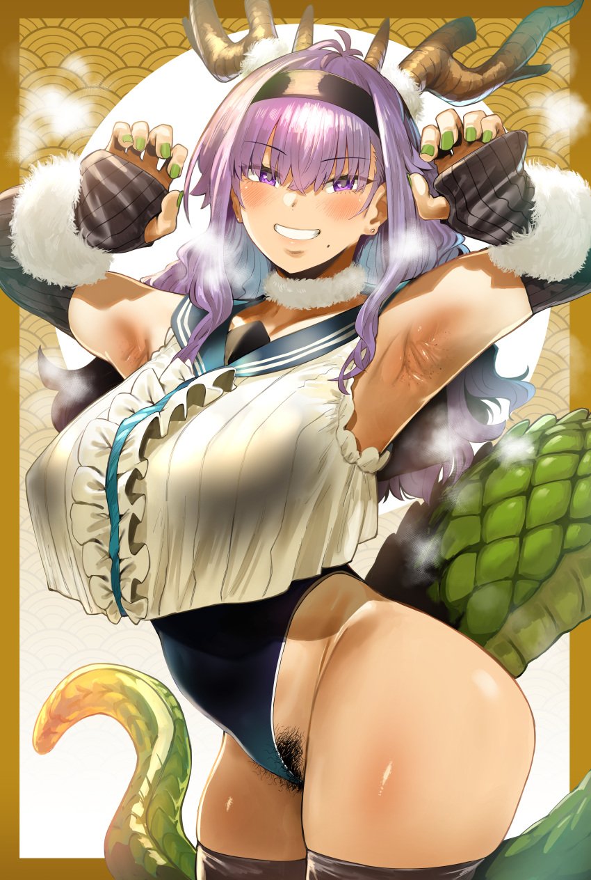 1girls armpits arms_up breasts dragon_girl dragon_horns female hero_neisan hi_res huge_breasts large_breasts leotard long_hair naughty_face new_year new_year_2024 original_character pubic_hair purple_eyes purple_hair slim_waist smile tail thick_thighs wide_hips