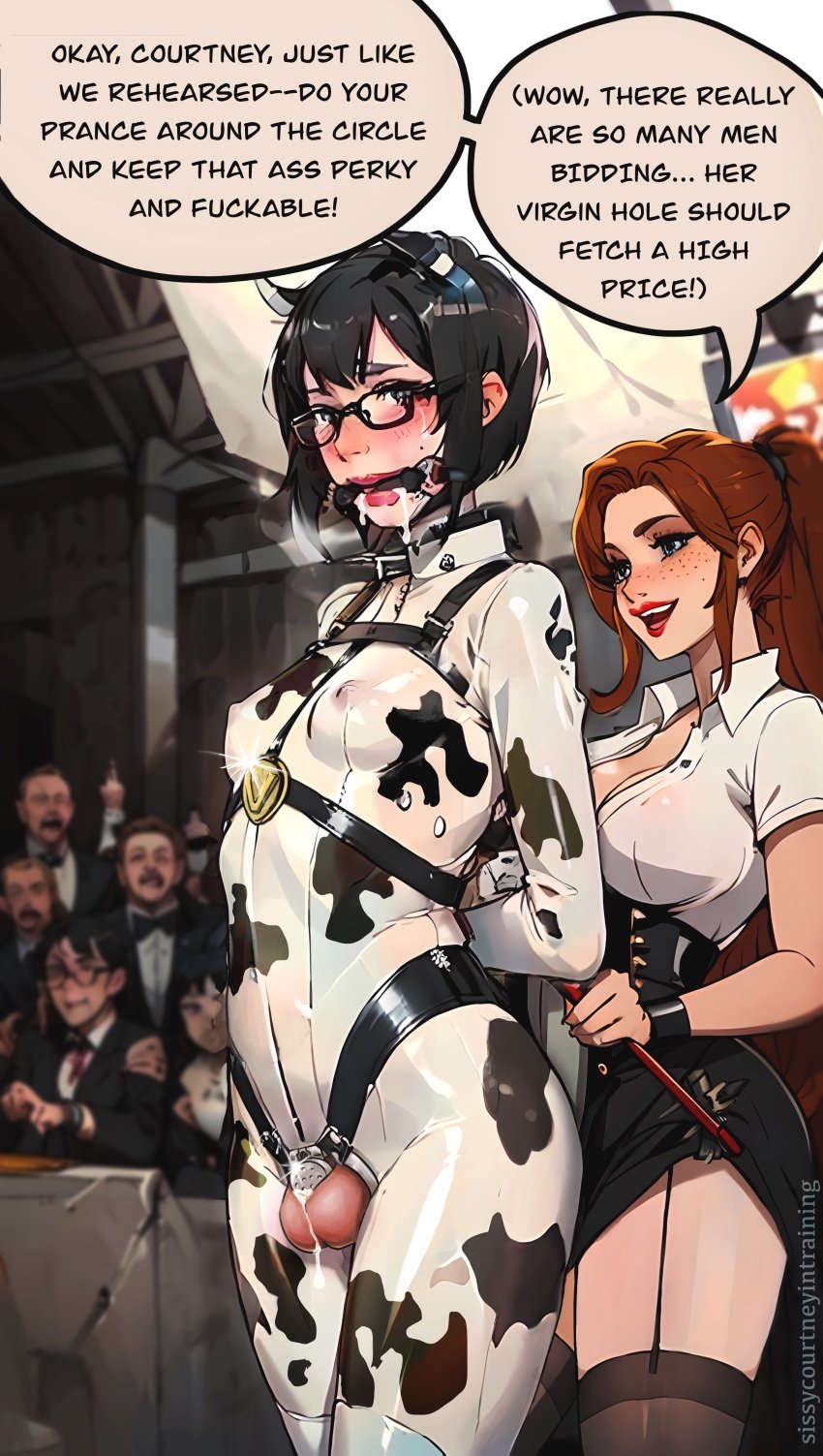 ai_generated auction bit_gag bondage chastity chastity_cage chastity_device cowprint domme drooling femboy femdom feminization flat_chastity_cage futanari gag gagged glasses ponygirl ponyplay precum sissification sissy slave slave_auction slavegirl