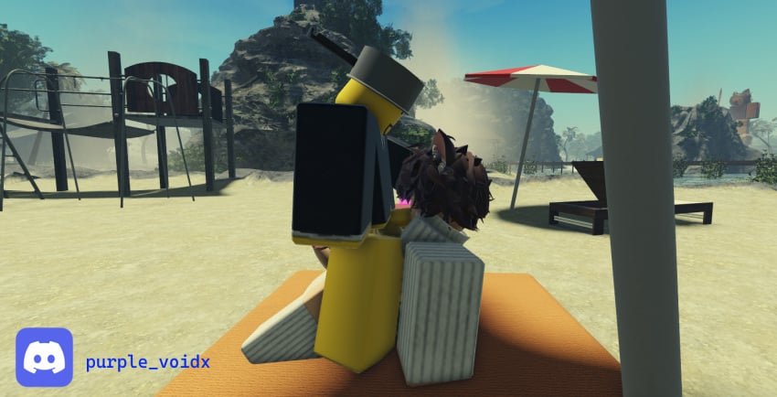 3d beach beach_towel blowjob brown_hair cat_ears catboy cock discord_(app) discord_logo discord_username femboy foreskin gay oral outside penis pot_on_head purple_voidx roblox roblox_avatar robloxian self_upload suit tagme thighhighs white_pants white_shirt yellow_body