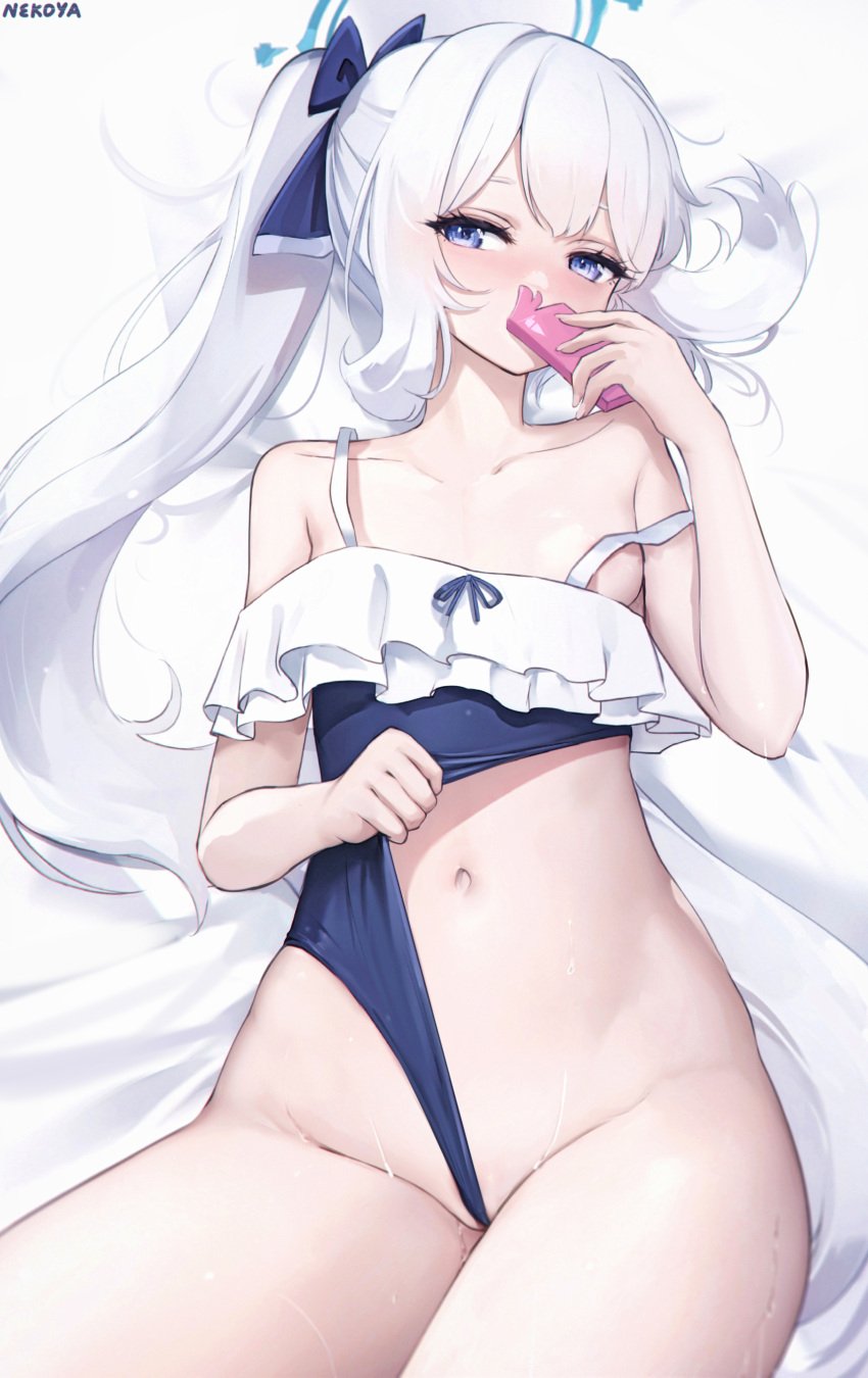 artist_name blue_archive cellphone female flat_chest full-face_blush huge_thighs lying lying_on_back lying_on_bed miyako_(blue_archive) miyako_(swimsuit)_(blue_archive) nekoya_(liu) off_shoulder one-piece_swimsuit pulling_swimsuit rabbit_squad_(blue_archive) signature srt_special_academy_student sweat sweaty_body swimsuit thick_thighs wide_hips