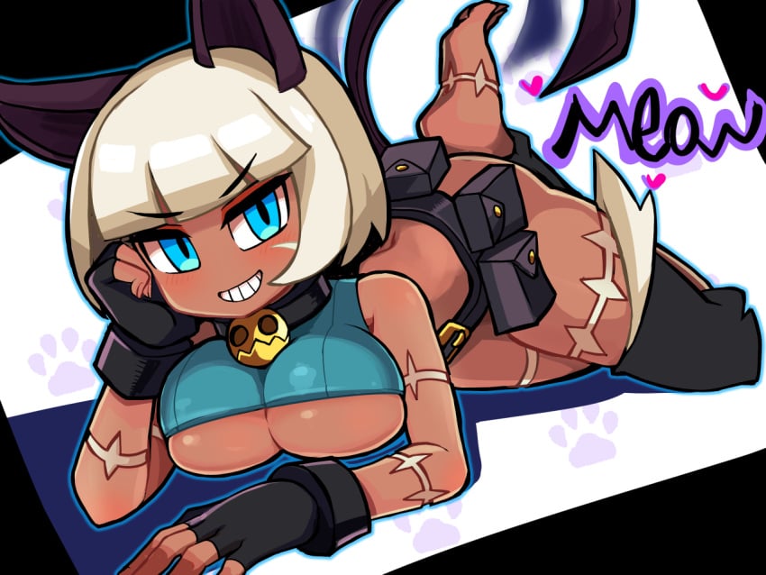 bangs bell_collar blue_eyes blunt_bangs bob_cut cat_ears cat_tail claws collar dark-skinned_female dark_skin eyelashes feet grin grinning grinning_at_viewer jimafy laying_down long_fingernails long_toenails looking_at_viewer midriff nadia_fortune revealing_clothes scar scars scars_on_arm sharp_fingernails sharp_toenails skullgirls smile smiling smiling_at_viewer underboob white_hair