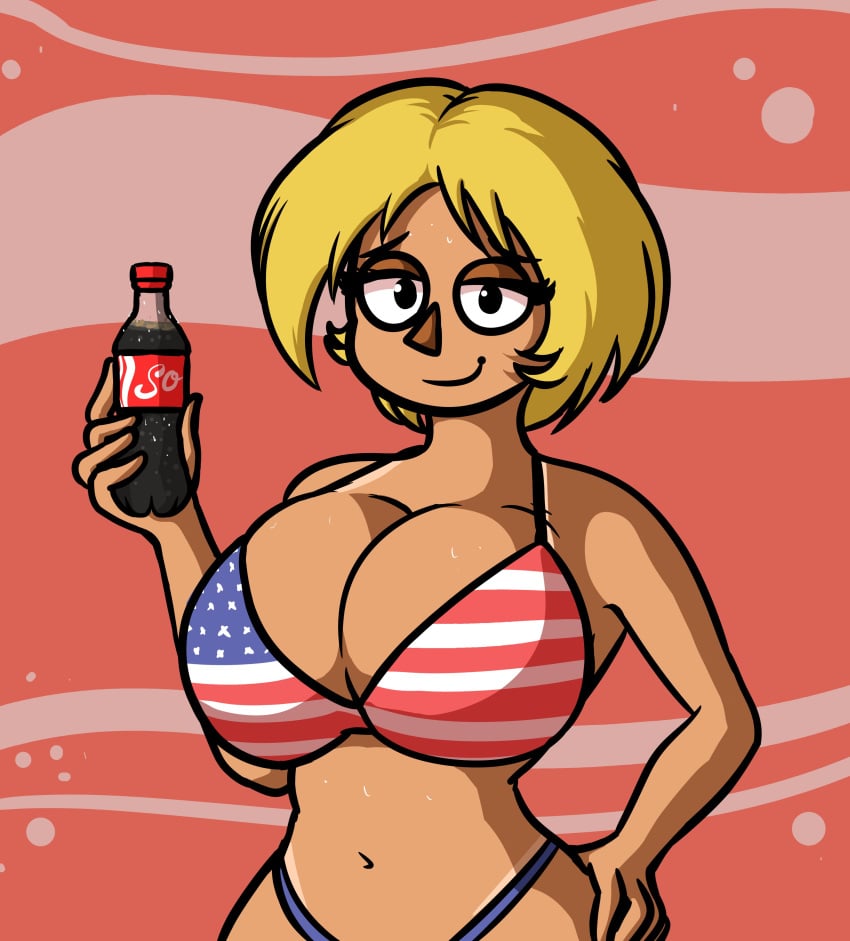 1girls american_flag_bikini bikini bikini_top blonde_hair female female_focus female_only large_breasts max1mus original_character short_hair soda_bottle solo solo_female tanline tanned_female