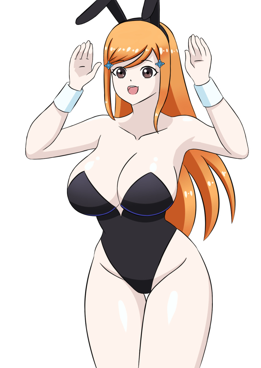 animal_ears black_bunnysuit bleach breasts brown_eyes bunny_ears bunnysuit curvaceous_figure female female_only hairclips inoue_orihime large_breasts open_mouth orange_hair sealllll simple_background solo tagme white_background wrist_cuffs