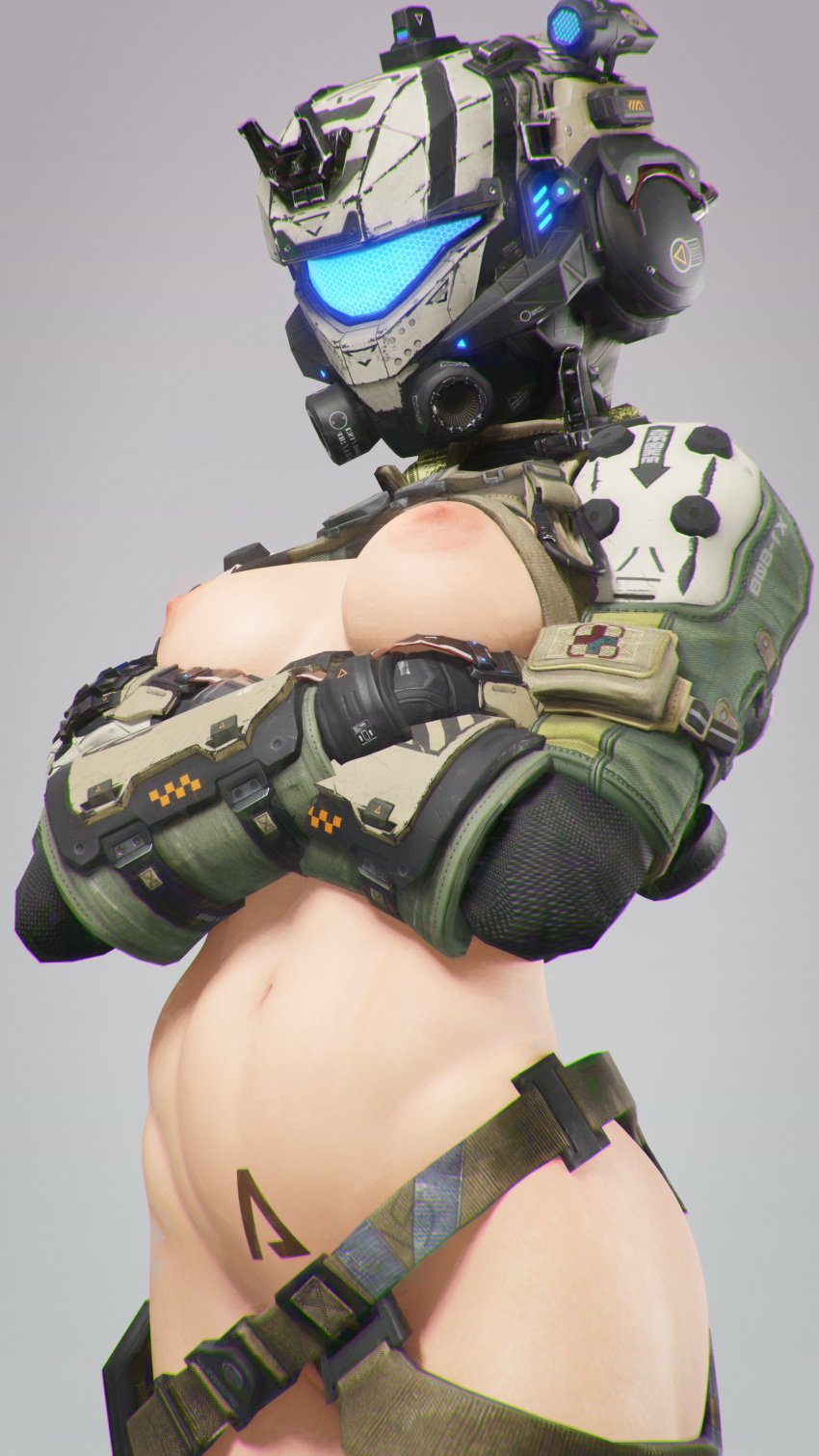 1girls 3d armor arms_crossed grey_background helmet llamasarepink medium_breasts nopan pilot_(titanfall) pose pubic_tattoo pulse_blade_pilot solo tactical_nudity titanfall