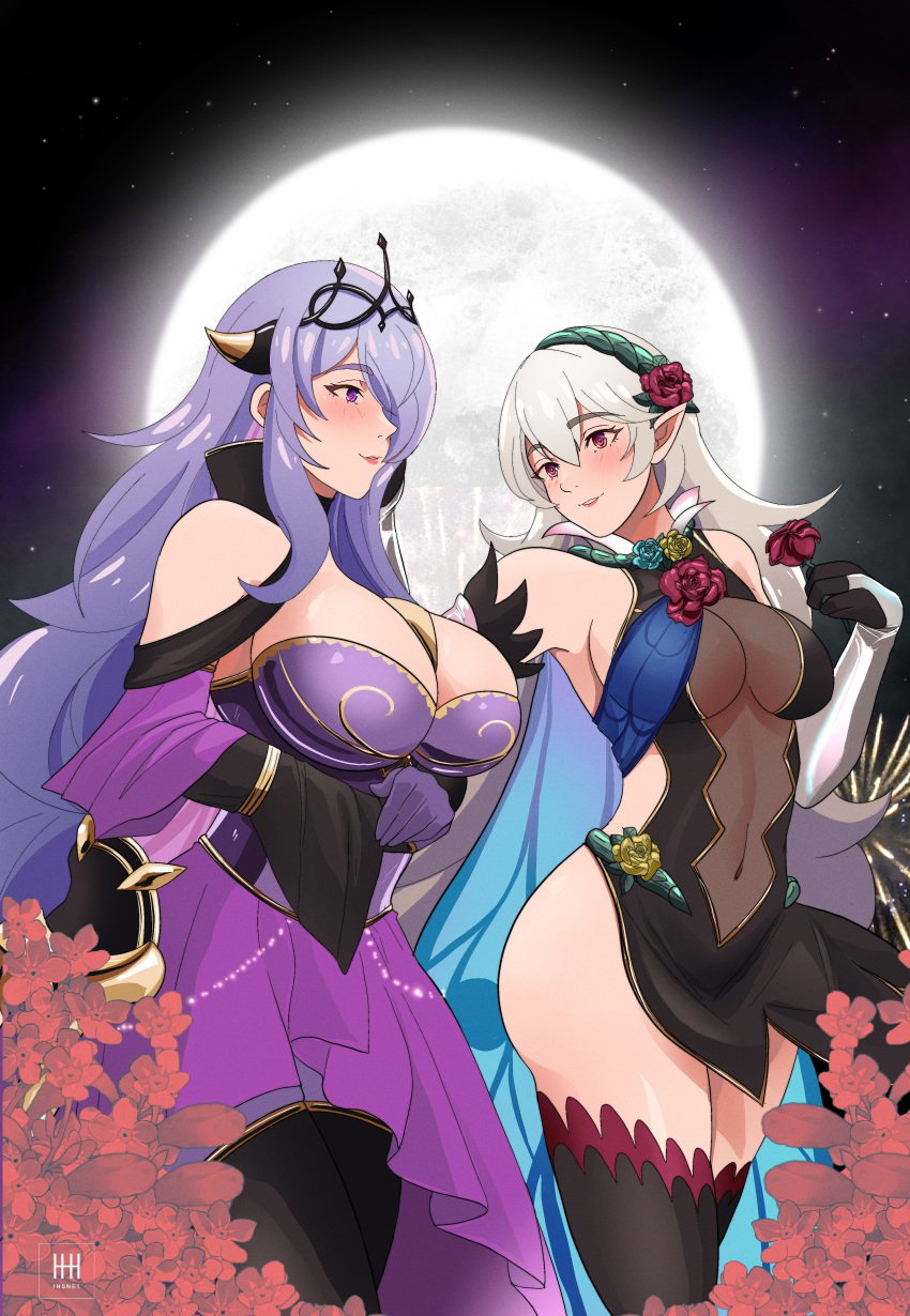 2girls absurdres alternate_costume blush breasts camilla_(alluring_darkness)_(fire_emblem) camilla_(fire_emblem) cleavage corrin_(female)_(fire_emblem) corrin_(female)_(resplendent)_(fire_emblem) corrin_(fire_emblem) covered_navel dress female female_only fire_emblem fire_emblem_fates fire_emblem_heroes flower grey_hair hair_flower hair_ornament hairband highres ihsnet large_breasts long_hair looking_at_another moon multiple_girls nintendo official_alternate_costume pointy_ears purple_hair sash see-through see-through_cleavage thighhighs tiara very_long_hair yuri